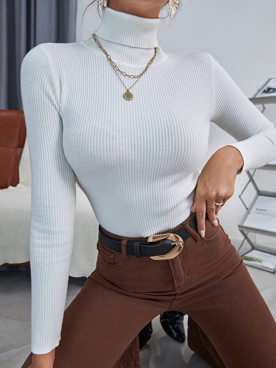Ingrid Fitted Rib Knit Turtleneck Long Sleeve Pullover Sweater - White