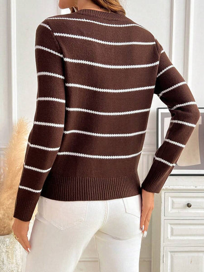 Henrietta Classic V-Neck Long Sleeve Knit Pullover Sweater - Brown Striped
