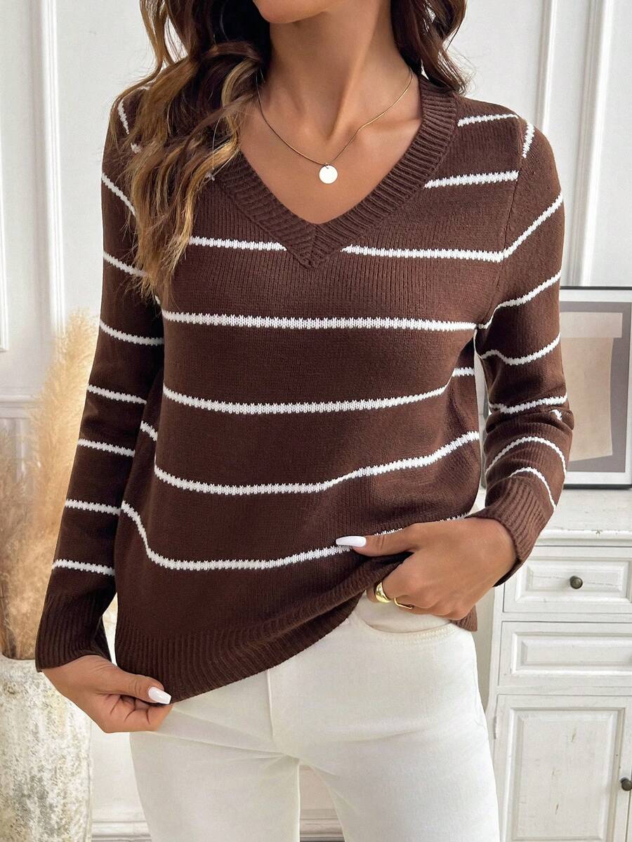Henrietta Classic V-Neck Long Sleeve Knit Pullover Sweater - Brown Striped