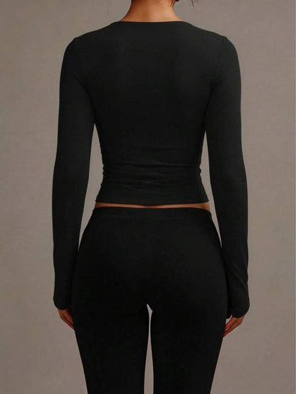 Aurora Slim Fit Round Neck Long Sleeve Tee - Black