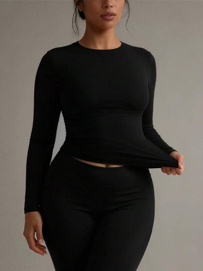 Aurora Slim Fit Round Neck Long Sleeve Tee - Black
