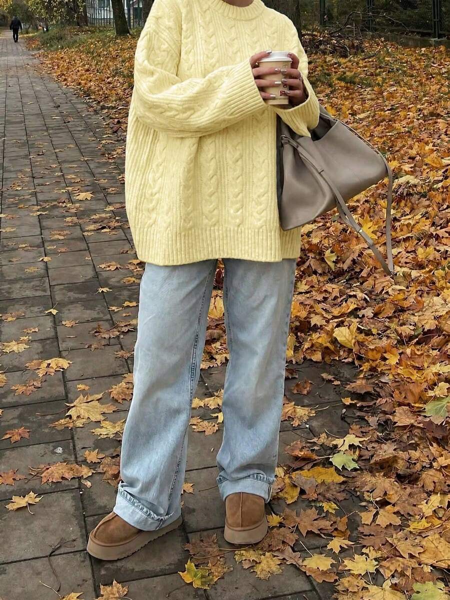 Solenne Oversized Chunky Cable Knit Sweater with Drop Shoulders - Butter Yellow