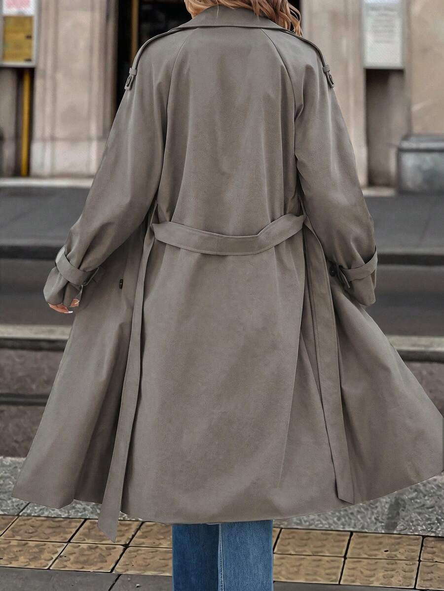 Delia Belted Double Breasted Trench Coat with Raglan Sleeves - Grey