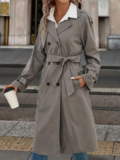 Delia Belted Double Breasted Trench Coat with Raglan Sleeves - Grey