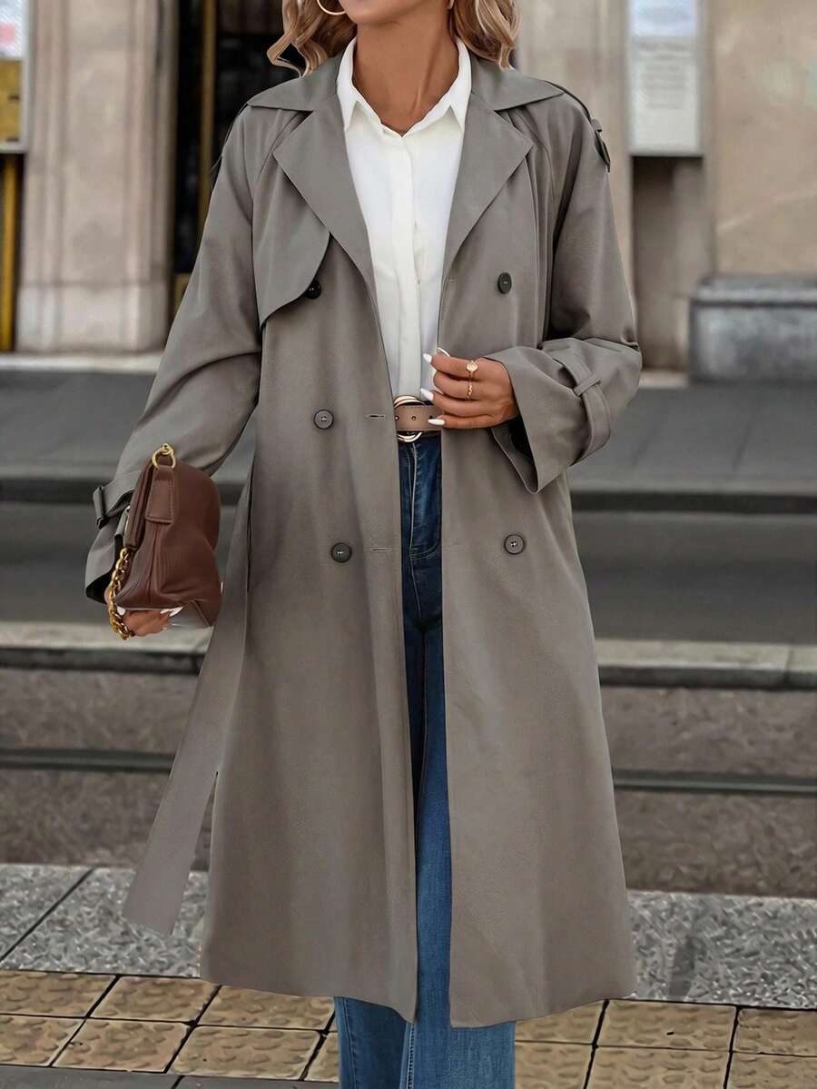 Delia Belted Double Breasted Trench Coat with Raglan Sleeves - Grey