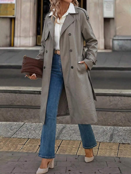 Delia Belted Double Breasted Trench Coat with Raglan Sleeves - Grey