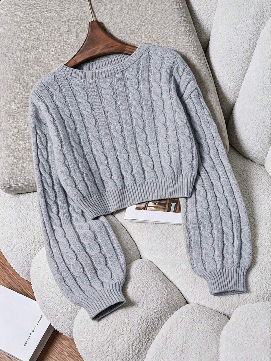 Oriana Cropped Cable Knit Sweater with Crew Neck - Dove Grey