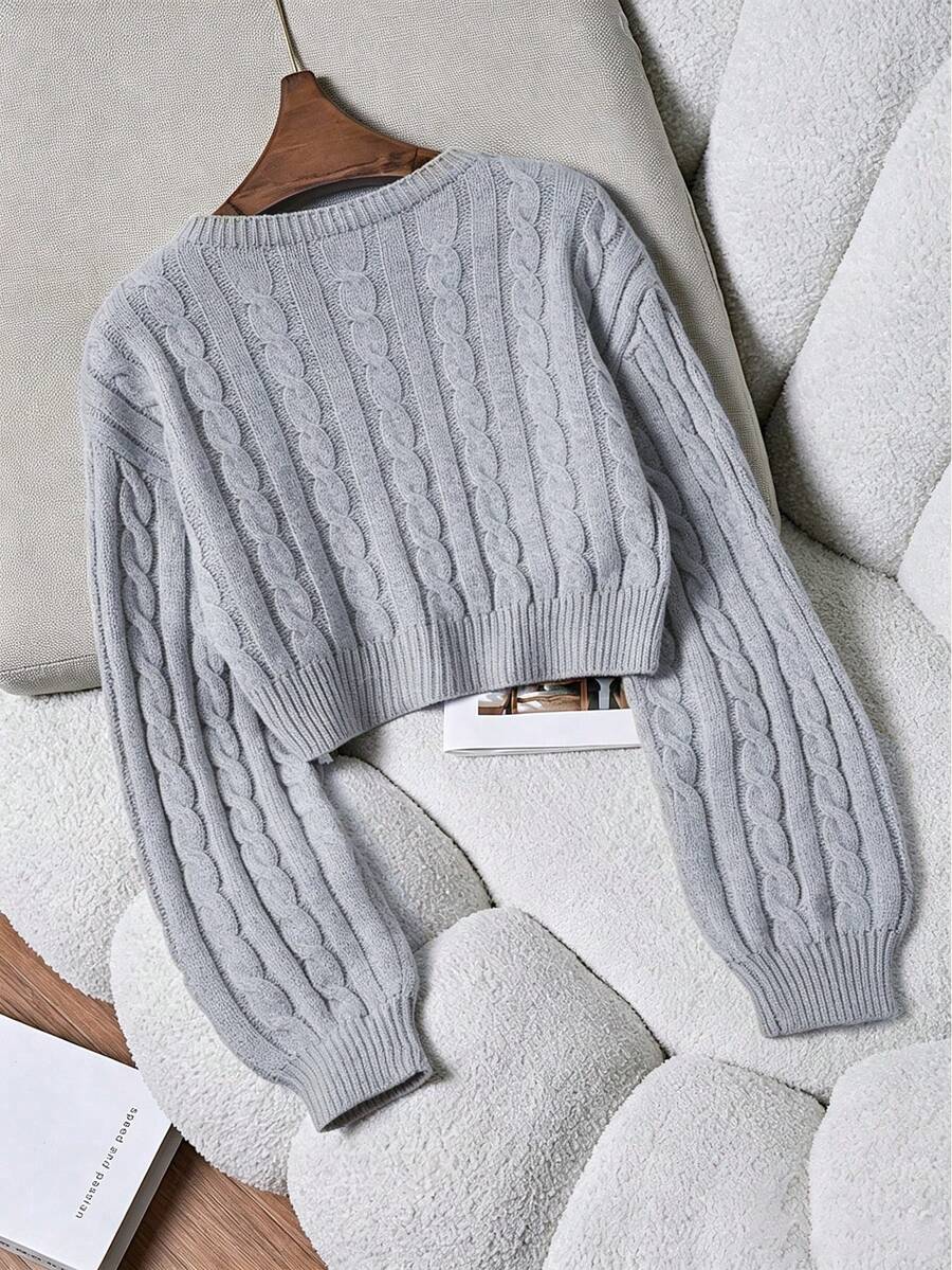 Oriana Cropped Cable Knit Sweater with Crew Neck - Dove Grey