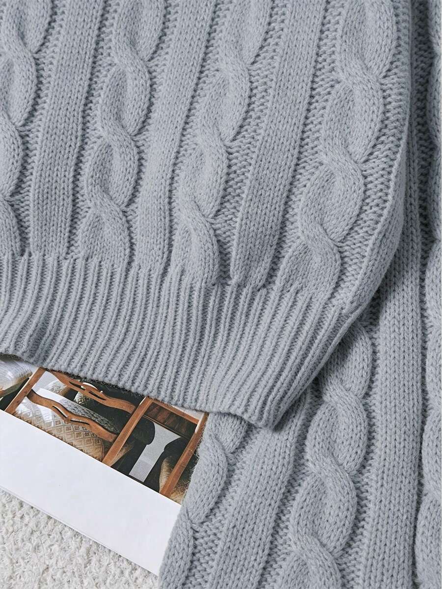 Oriana Cropped Cable Knit Sweater with Crew Neck - Dove Grey