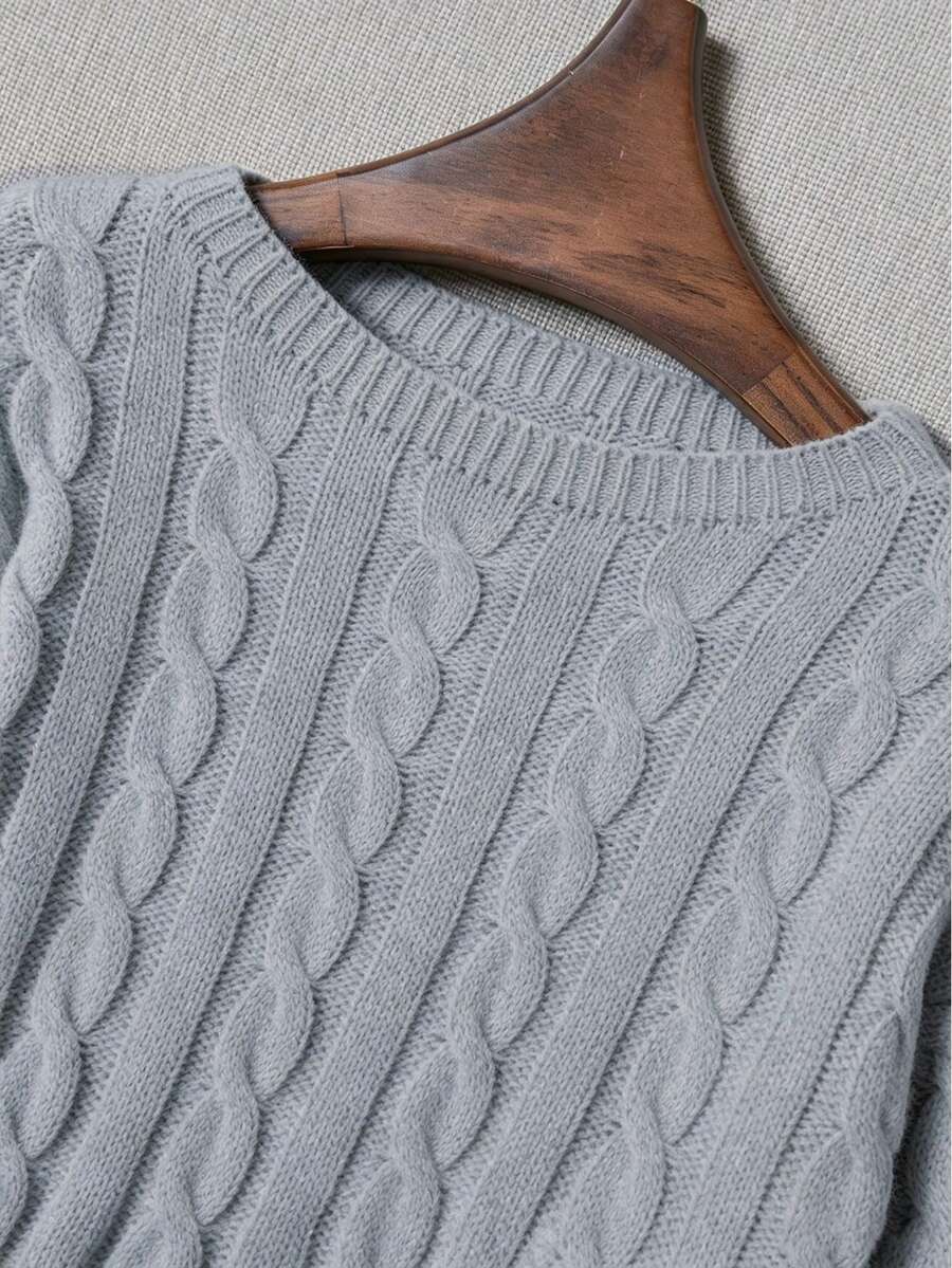Oriana Cropped Cable Knit Sweater with Crew Neck - Dove Grey