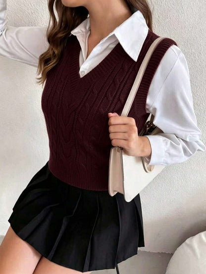 Winifred Classic Cable Knit V-Neck Sleeveless Sweater Vest - Burgundy