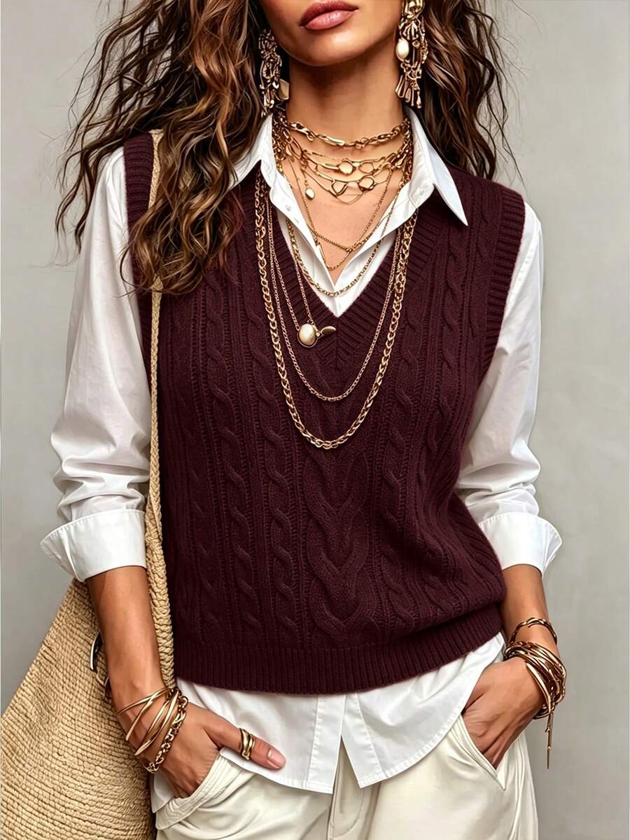 Winifred Classic Cable Knit V-Neck Sleeveless Sweater Vest - Burgundy