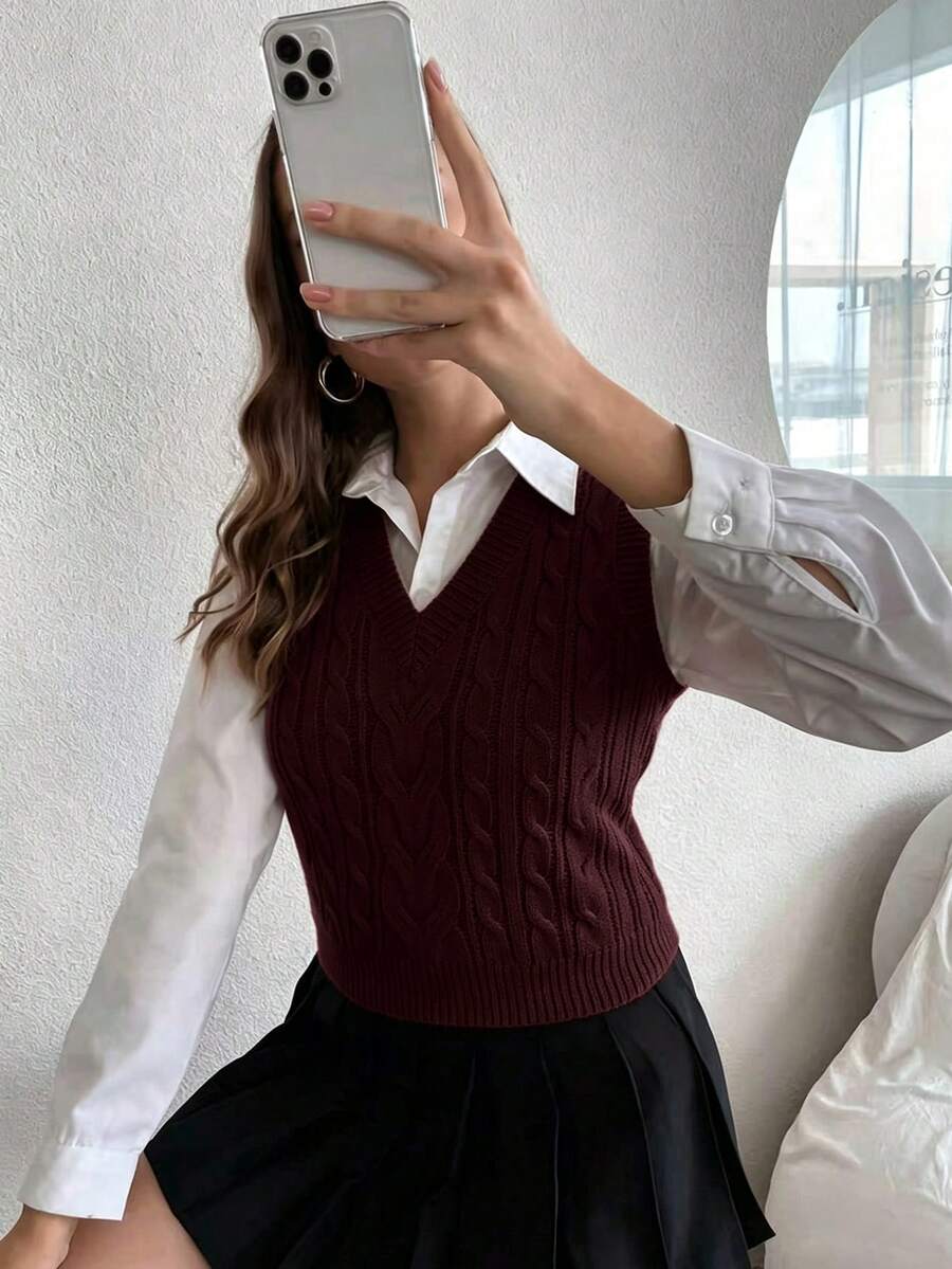 Winifred Classic Cable Knit V-Neck Sleeveless Sweater Vest - Burgundy