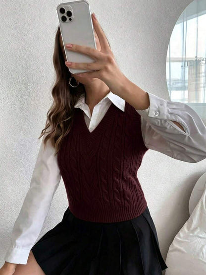 Winifred Classic Cable Knit V-Neck Sleeveless Sweater Vest - Burgundy