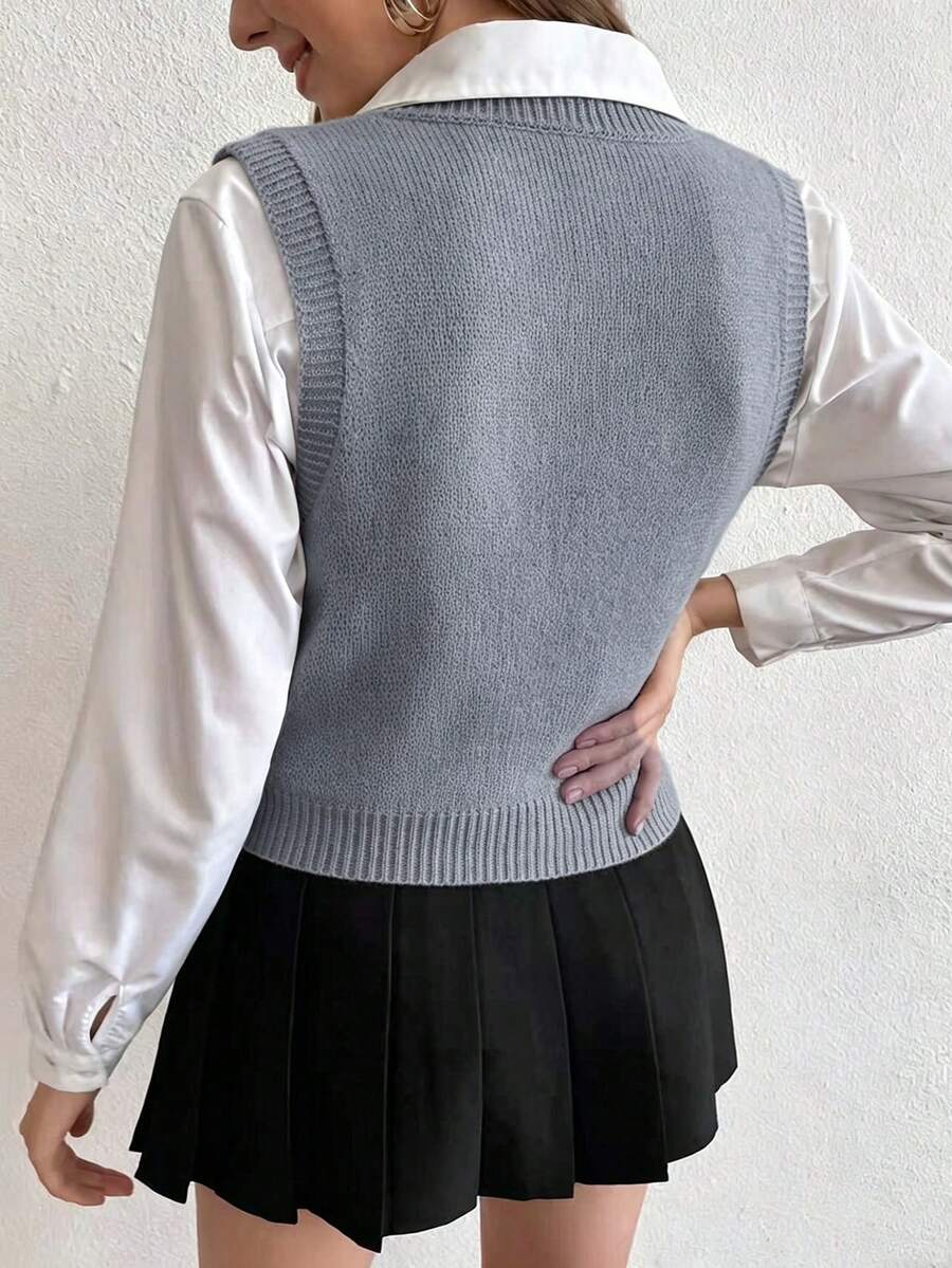 Winifred Classic Cable Knit V-Neck Sleeveless Sweater Vest - Slate Blue