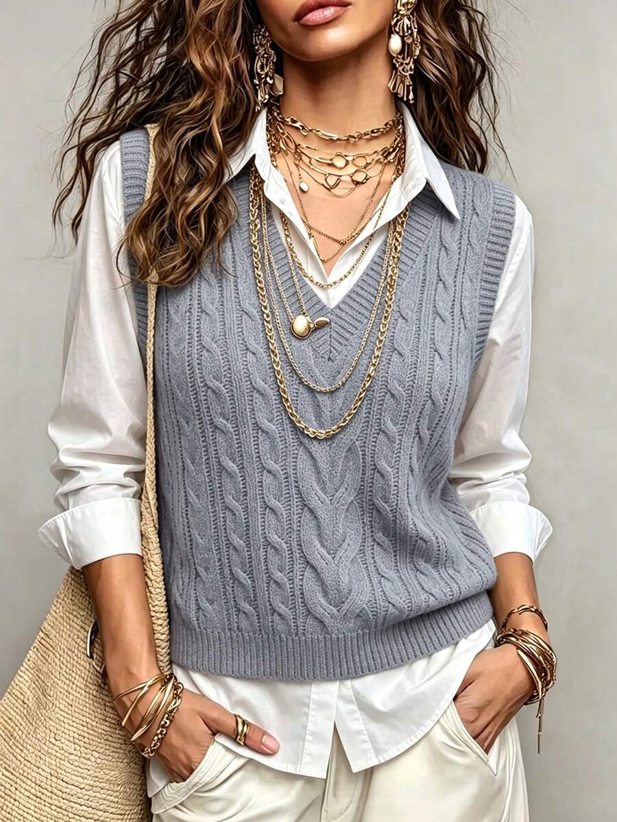 Winifred Classic Cable Knit V-Neck Sleeveless Sweater Vest - Slate Blue