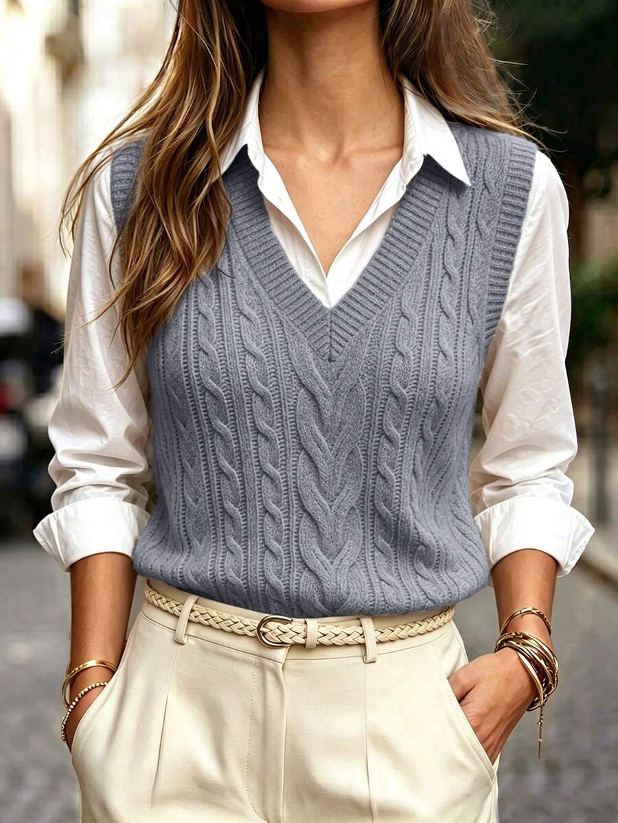 Winifred Classic Cable Knit V-Neck Sleeveless Sweater Vest - Slate Blue