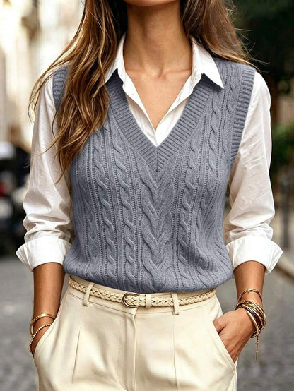 Winifred Classic Cable Knit V-Neck Sleeveless Sweater Vest - Slate Blue