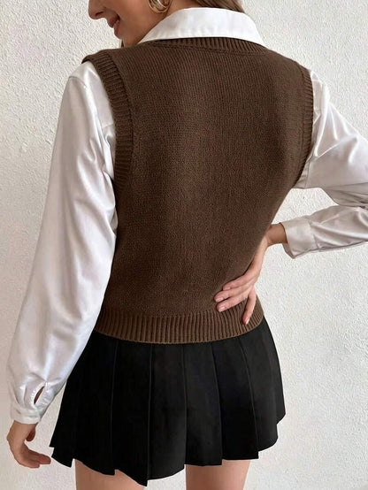 Winifred Classic Cable Knit V-Neck Sleeveless Sweater Vest - Chocolate Brown