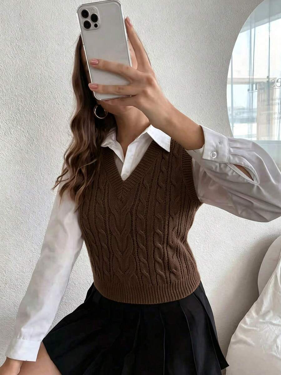 Winifred Classic Cable Knit V-Neck Sleeveless Sweater Vest - Chocolate Brown