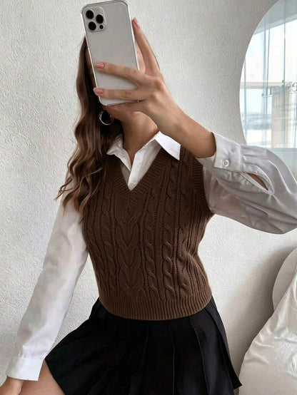 Winifred Classic Cable Knit V-Neck Sleeveless Sweater Vest - Chocolate Brown