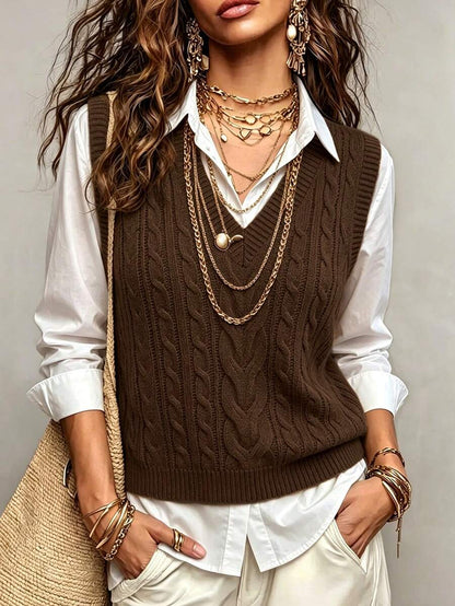 Winifred Classic Cable Knit V-Neck Sleeveless Sweater Vest - Chocolate Brown