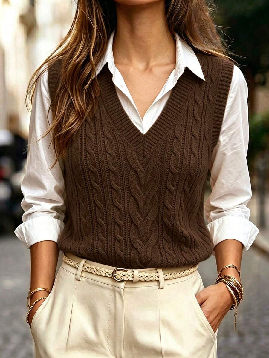 Winifred Classic Cable Knit V-Neck Sleeveless Sweater Vest - Chocolate Brown