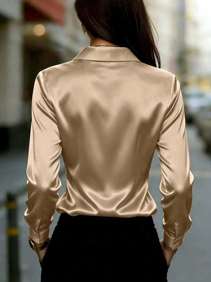 Women's Satin Button Up Collared Blouse, Long Sleeve Silky Shirt for Work and Evening - Coffee Brown
