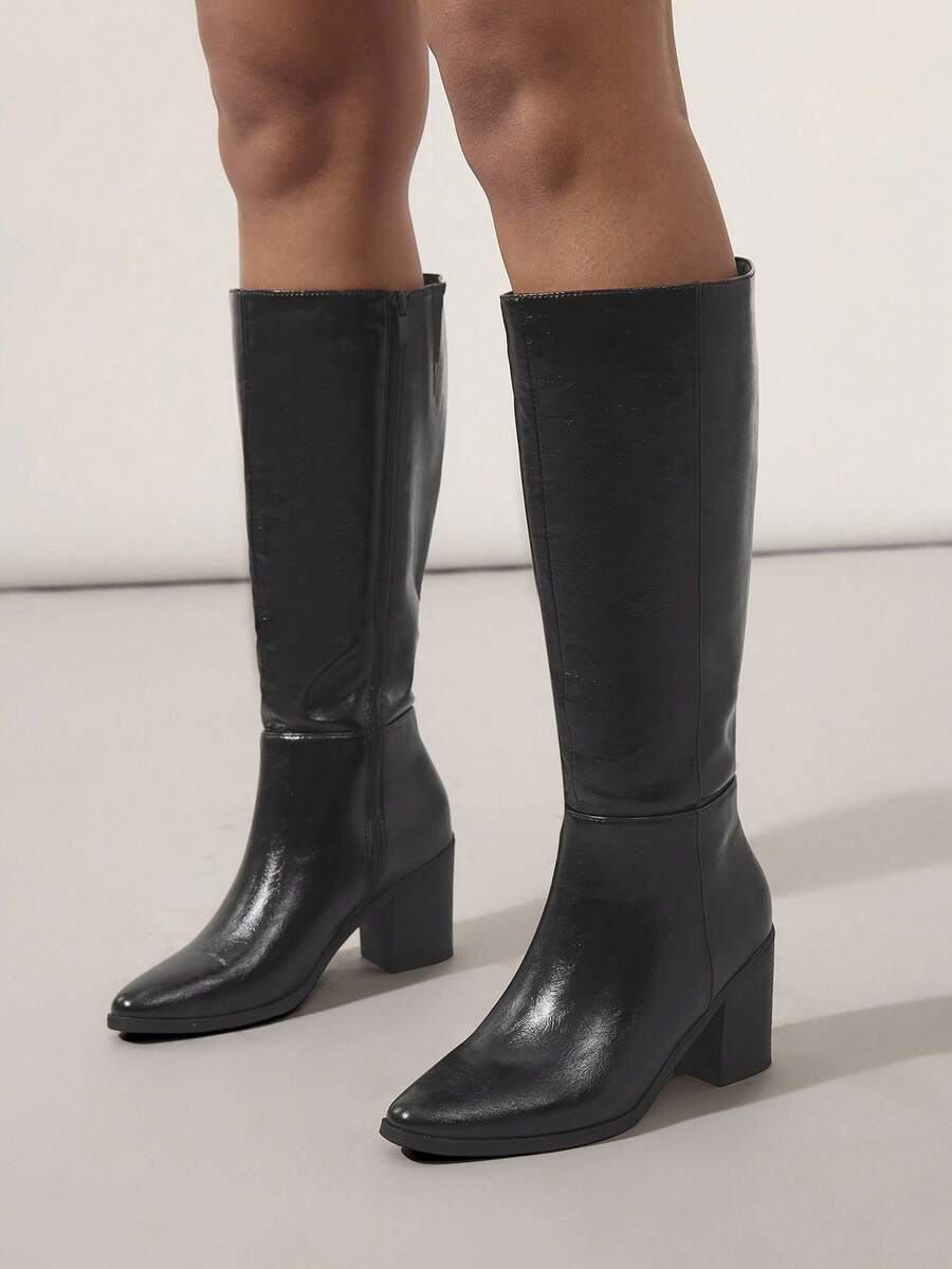 SHUZIA Staple Women's 2.5" Block Heel Snip Toe Premium Oil-Finished PU Black Knee High Boots– Sleek, Comfortable & Timeless, Elevate Your Look Season After Season For Christmas Valentine's Day Mensa
