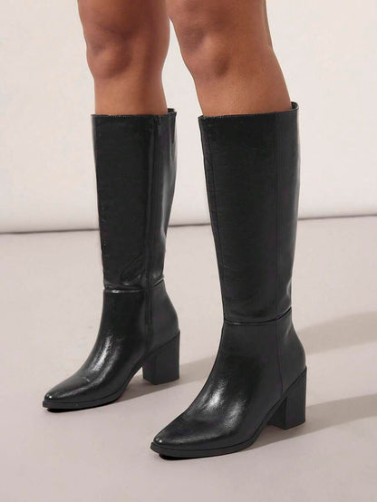 SHUZIA Staple Women's 2.5" Block Heel Snip Toe Premium Oil-Finished PU Black Knee High Boots– Sleek, Comfortable & Timeless, Elevate Your Look Season After Season For Christmas Valentine's Day Mensa