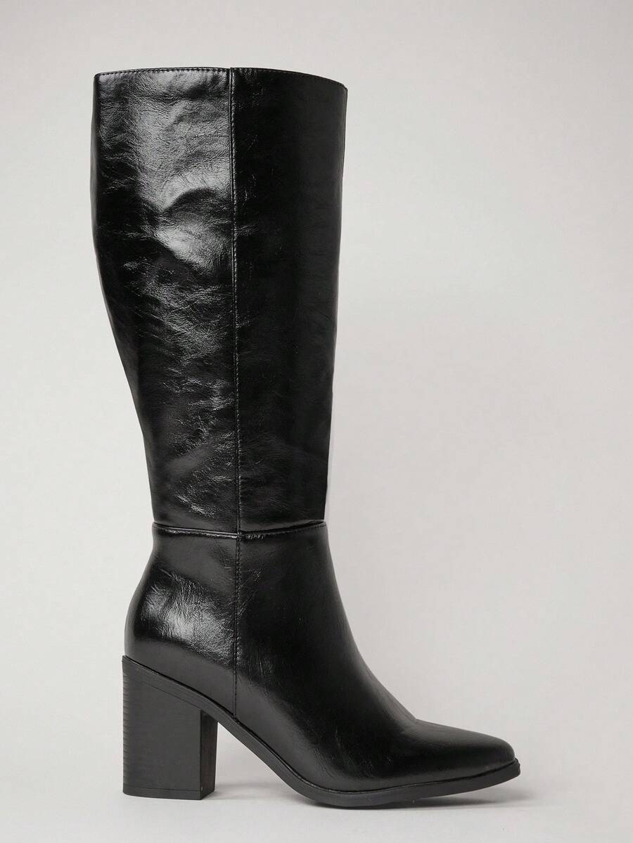 SHUZIA Staple Women's 2.5" Block Heel Snip Toe Premium Oil-Finished PU Black Knee High Boots– Sleek, Comfortable & Timeless, Elevate Your Look Season After Season For Christmas Valentine's Day Mensa