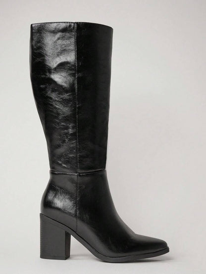 SHUZIA Staple Women's 2.5" Block Heel Snip Toe Premium Oil-Finished PU Black Knee High Boots– Sleek, Comfortable & Timeless, Elevate Your Look Season After Season For Christmas Valentine's Day Mensa