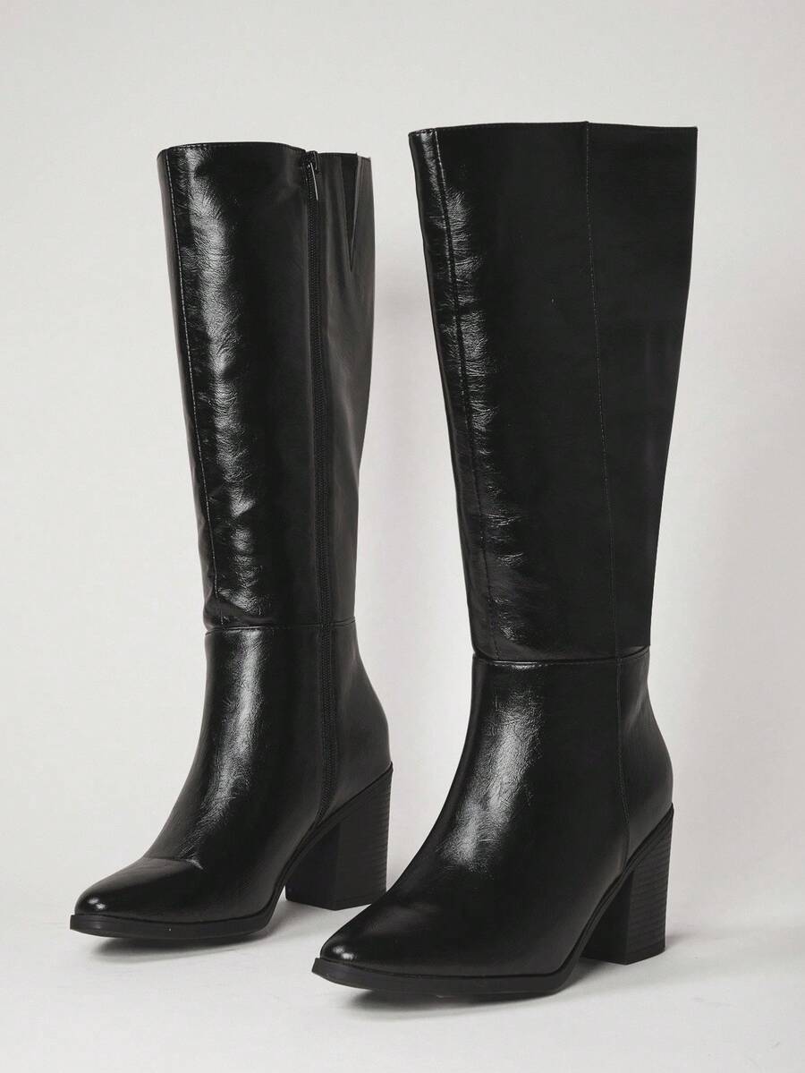 SHUZIA Staple Women's 2.5" Block Heel Snip Toe Premium Oil-Finished PU Black Knee High Boots– Sleek, Comfortable & Timeless, Elevate Your Look Season After Season For Christmas Valentine's Day Mensa