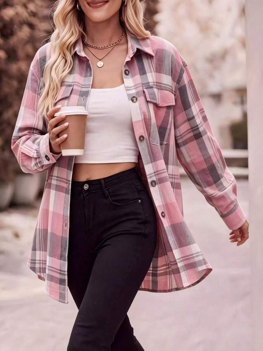 Astrid Plaid Drop Shoulder Shirt Collar Top - Green Plaid