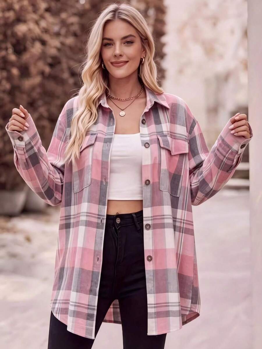 Astrid Plaid Drop Shoulder Shirt Collar Top - Pink Plaid