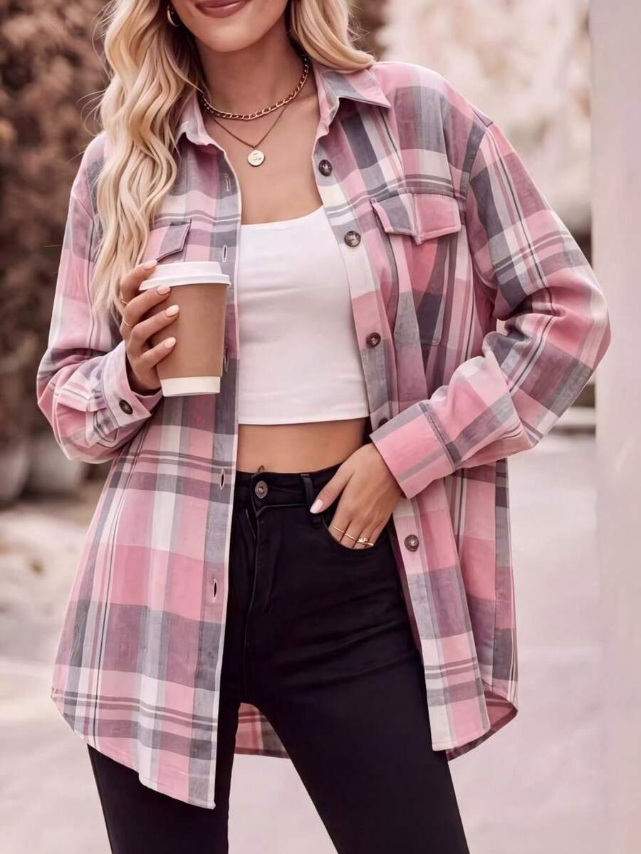 Astrid Plaid Drop Shoulder Shirt Collar Top - Navy Blue Checkered