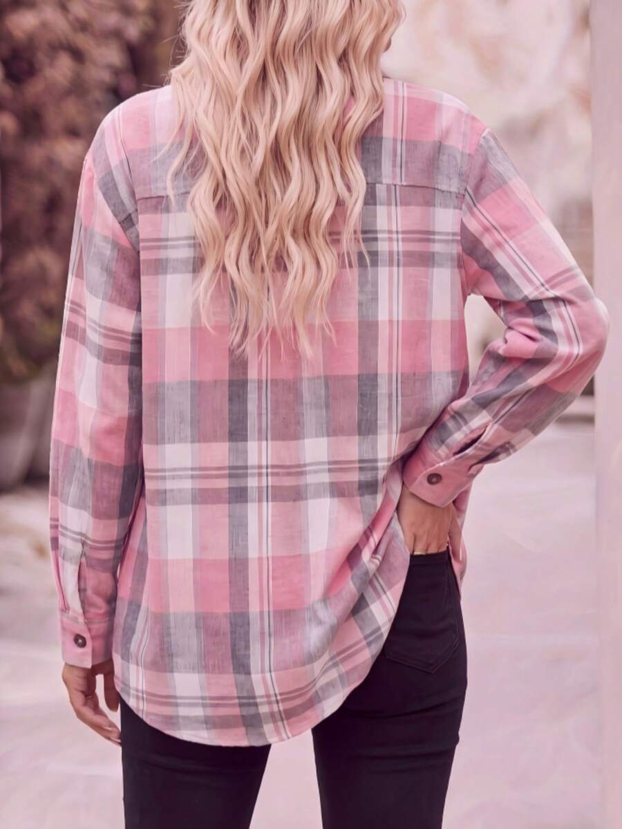 Astrid Plaid Drop Shoulder Shirt Collar Top - Coffee