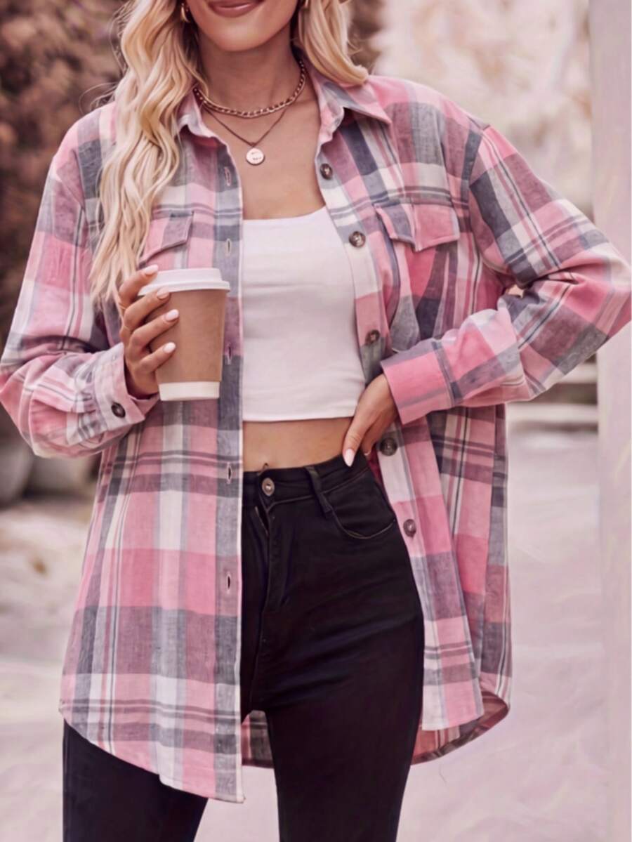 Astrid Plaid Drop Shoulder Shirt Collar Top - Green