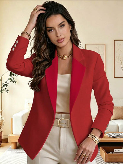 Eugenie Open Front Lapel Collar Stretch Knit Blazer - Red