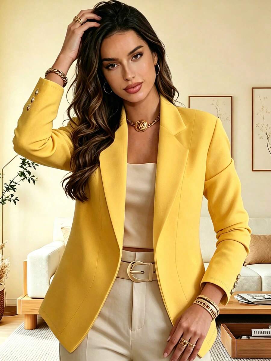 Eugenie Open Front Lapel Collar Stretch Knit Blazer - Yellow