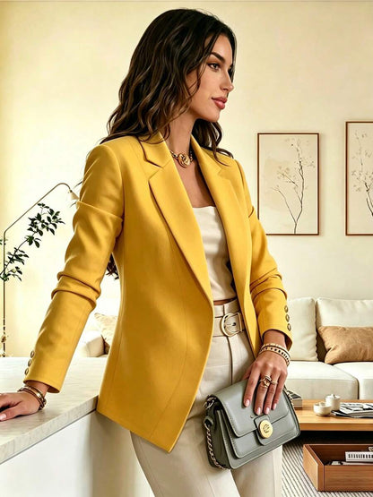 Eugenie Open Front Lapel Collar Stretch Knit Blazer - Yellow