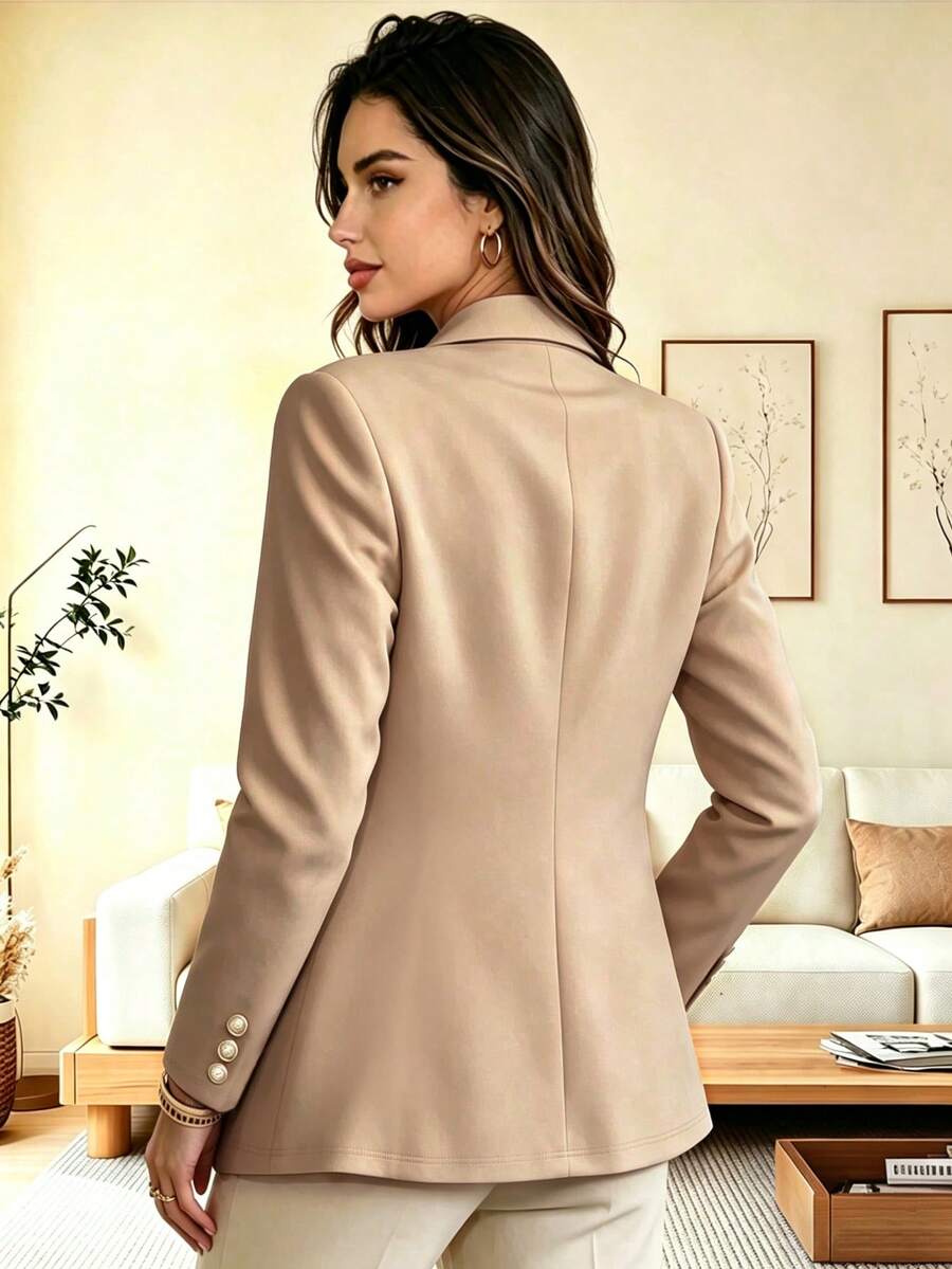 Eugenie Open Front Lapel Collar Stretch Knit Blazer - Khaki with Black Lapel
