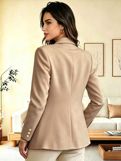 Eugenie Open Front Lapel Collar Stretch Knit Blazer - Khaki with Black Lapel