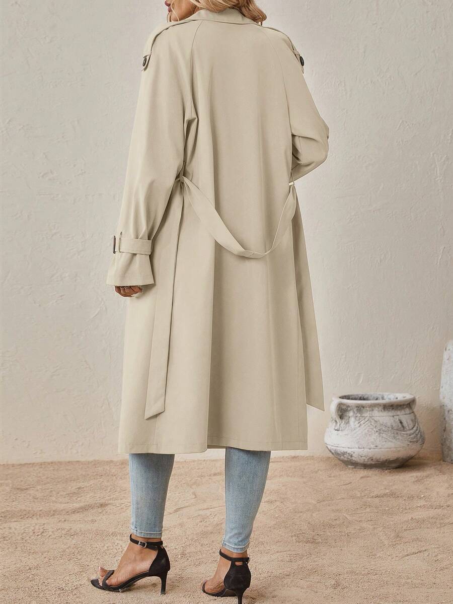 Delia Belted Double Breasted Trench Coat with Raglan Sleeves - Beige