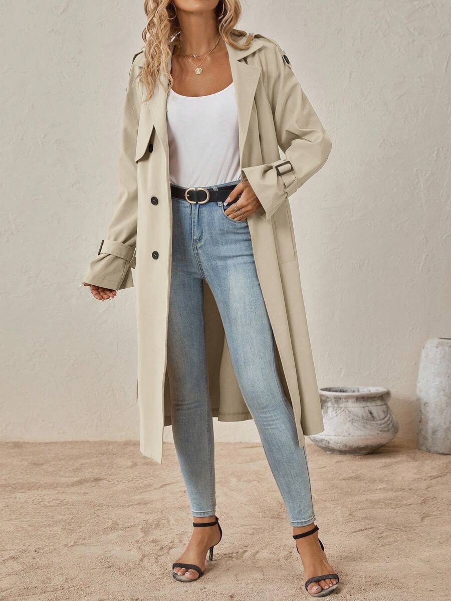 Delia Belted Double Breasted Trench Coat with Raglan Sleeves - Beige