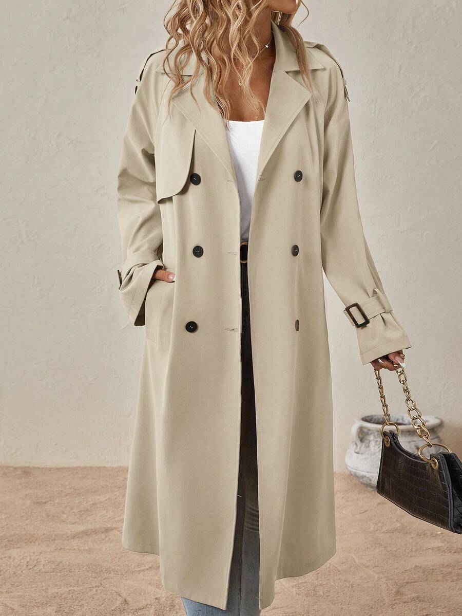 Delia Belted Double Breasted Trench Coat with Raglan Sleeves - Beige