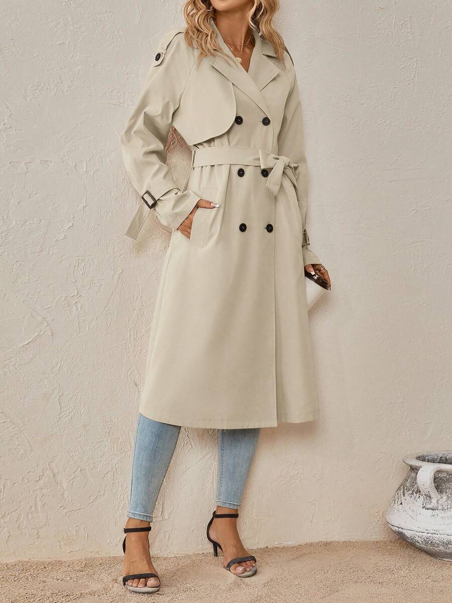 Delia Belted Double Breasted Trench Coat with Raglan Sleeves - Beige
