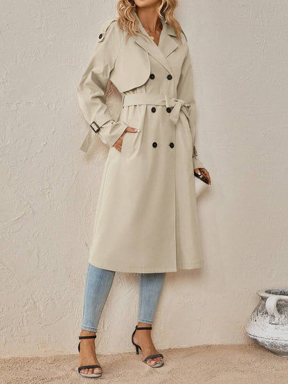 Delia Belted Double Breasted Trench Coat with Raglan Sleeves - Beige