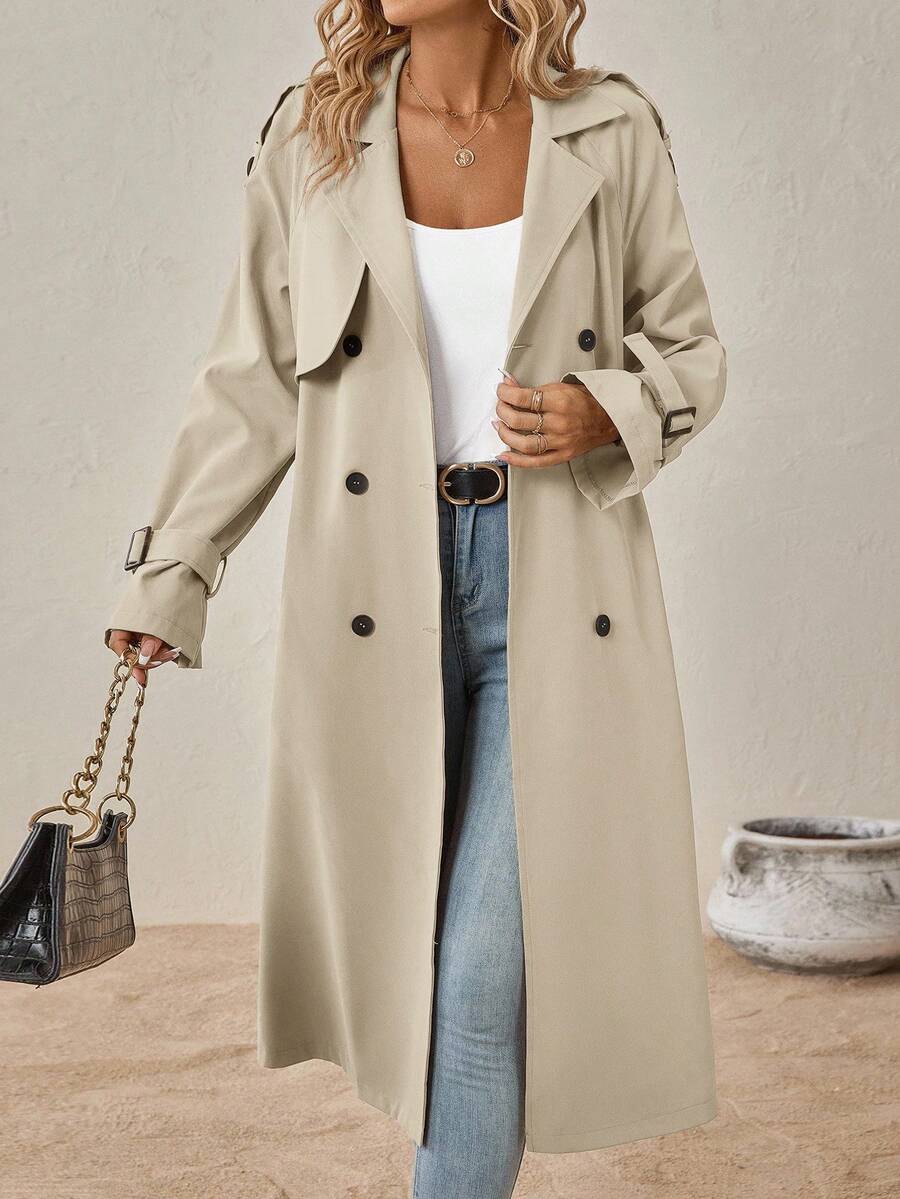 Delia Belted Double Breasted Trench Coat with Raglan Sleeves - Beige