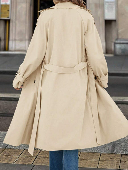 Fleur Long Double Breasted Trench Coat with Raglan Sleeves - Cream